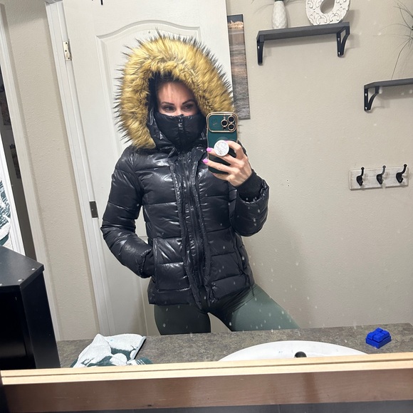 Women's Black Bomber Jacket with Faux Fur Hood - Picture 6 of 7